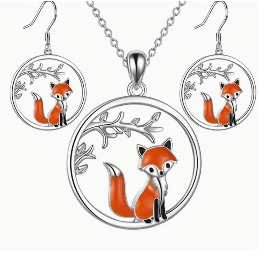Fox Pendant & Earrings Set Necklace Silver Tone